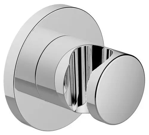 Chromfarbener Wandhaken mit rundem Design, geeignet für Badezimmer oder Duschbereich, Teil einer modernen Armaturenserie.